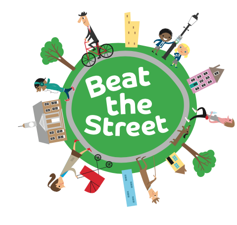 Happy cartoon people walking around a large circular beat the street logo