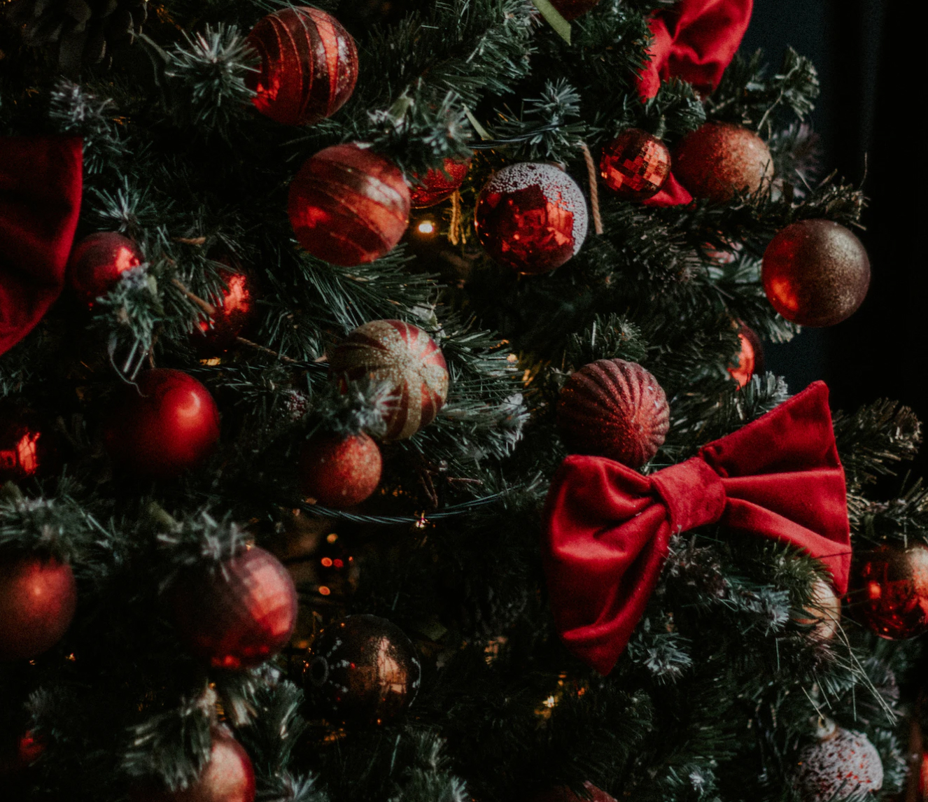 A close-up image of a Christmas tree, decorated with red baubles and ribbons